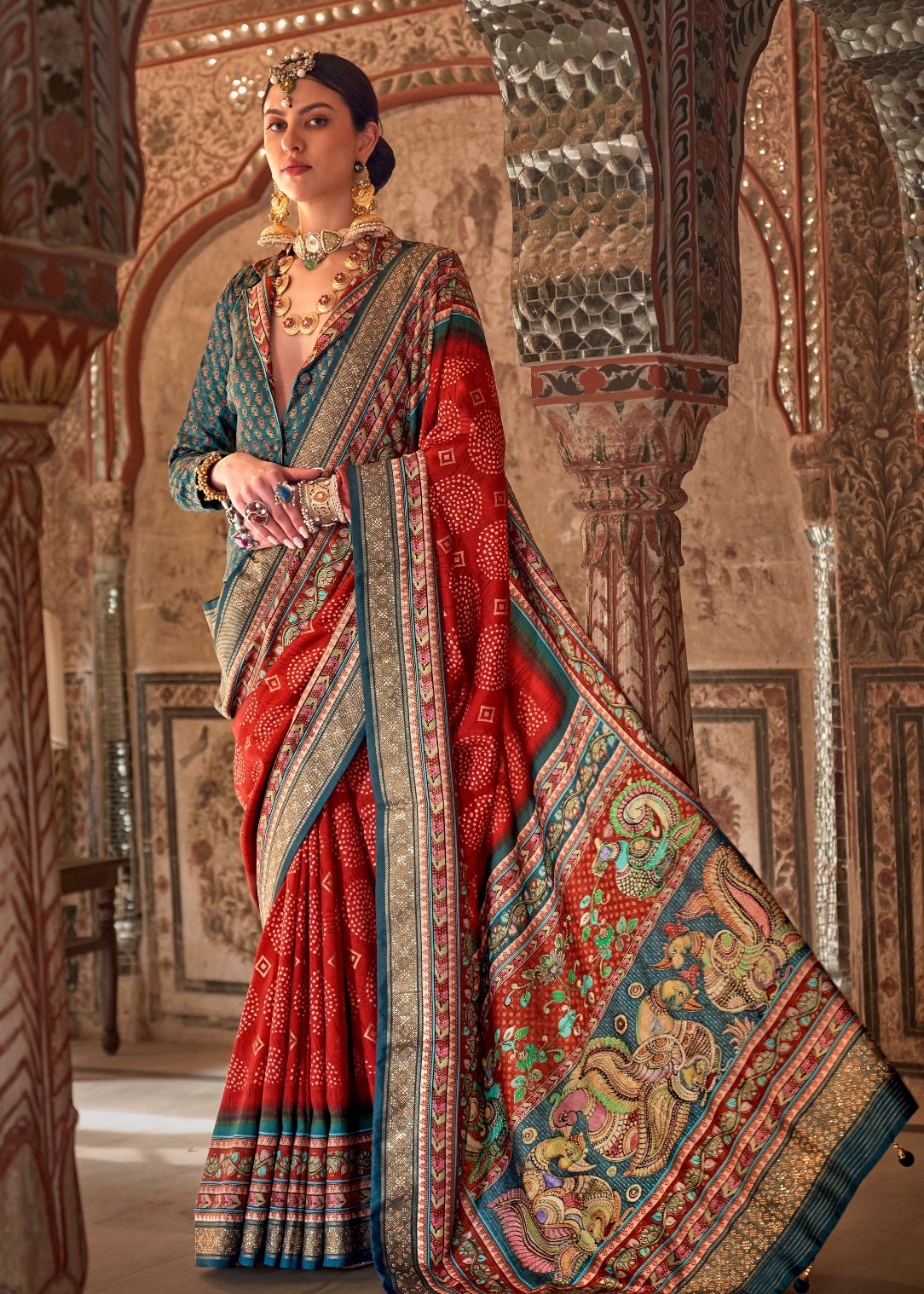 Red kalamkari saree online shopping with bandhani fusion design.