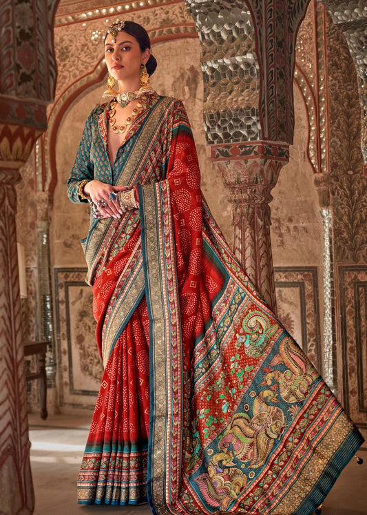 Red kalamkari saree online shopping with bandhani fusion design.