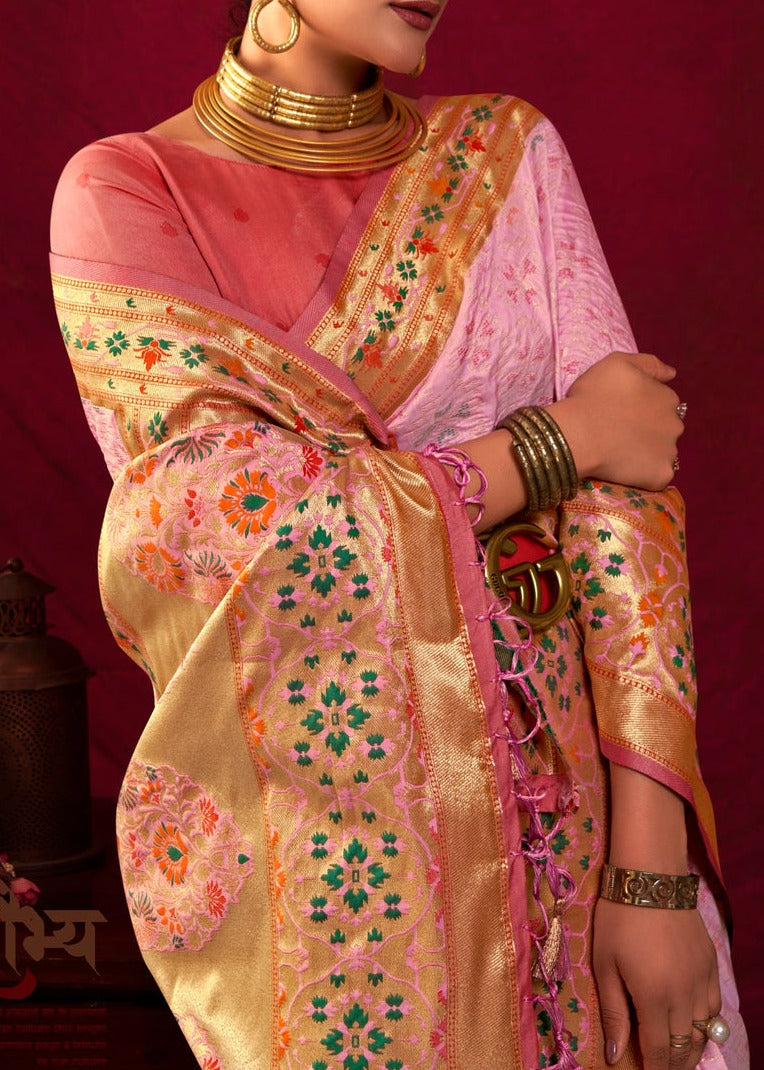 Rose pink pastel patola paithani silk handloom fusion saree online shopping for wedding function.