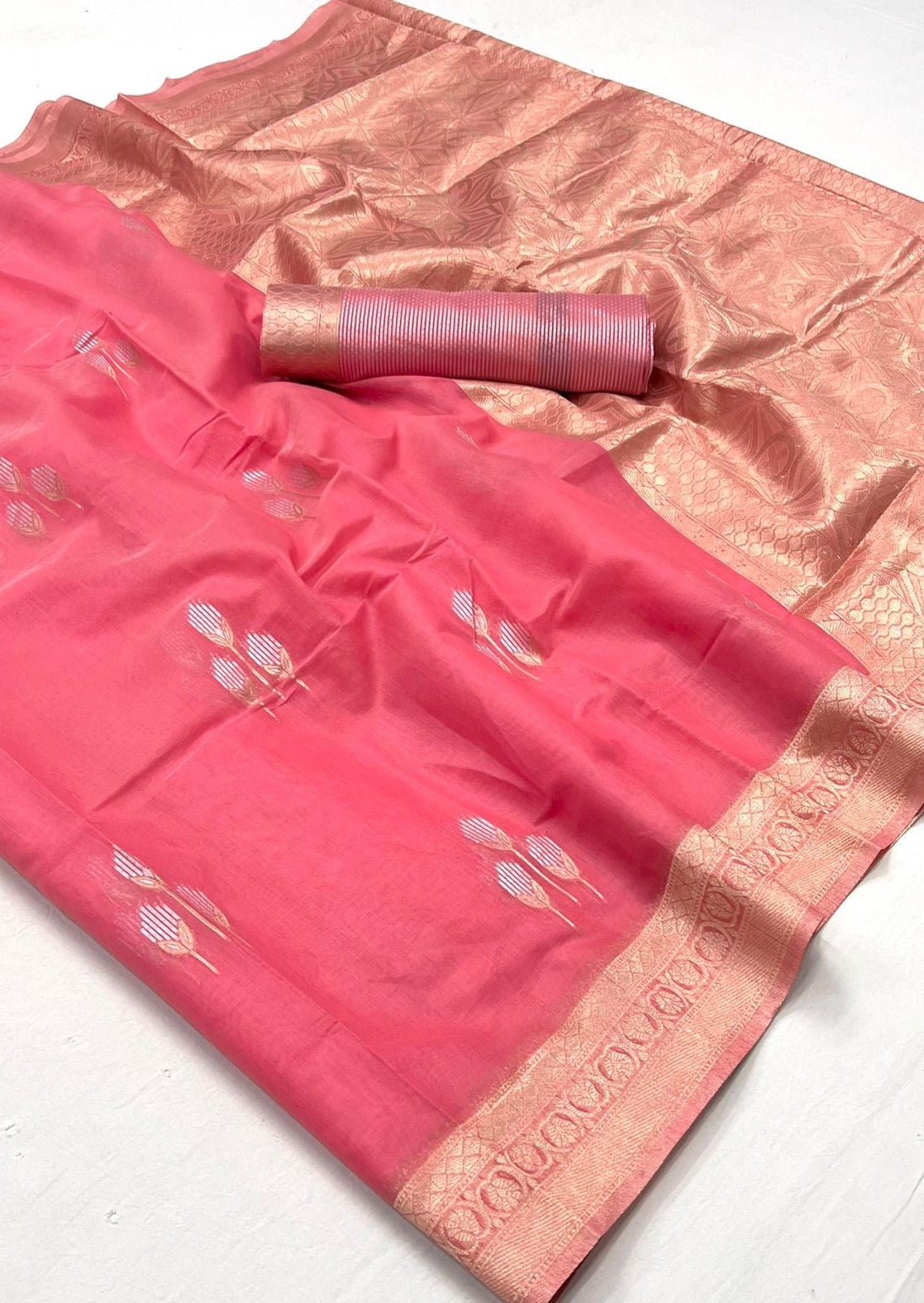 Pure linen handloom silk rose pink saree blouse online for wedding india usa uk in party wear design.