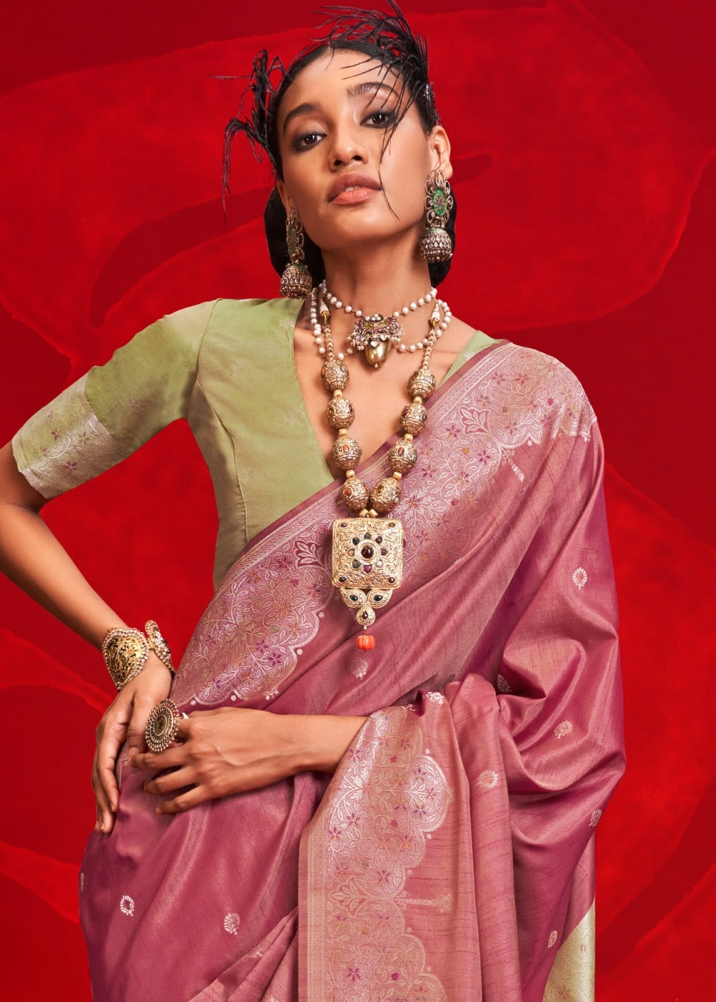 Sophisticated rosy pink tussar silk saree handcrafted by handloom weavers in india.