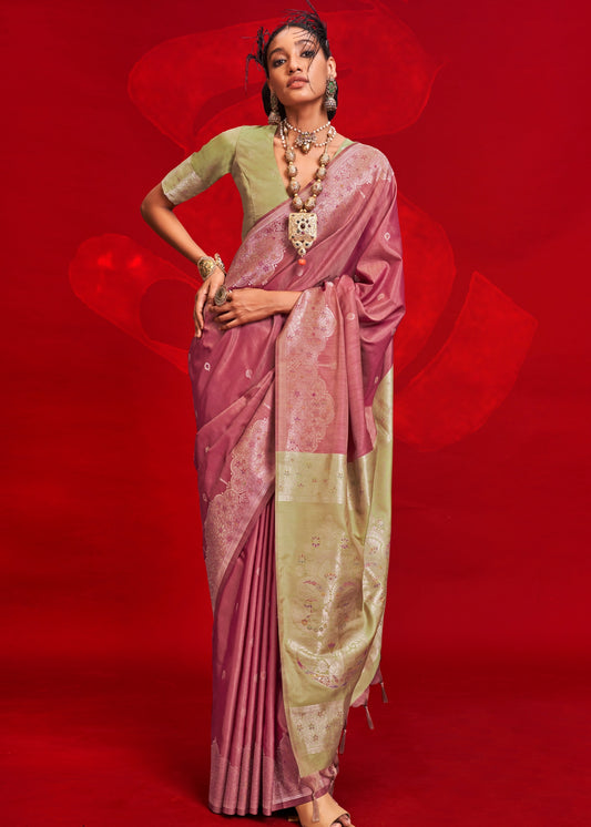 Rosy pink pure tussar silk handloom saree in usa online shopping with delicate zari weaving work.