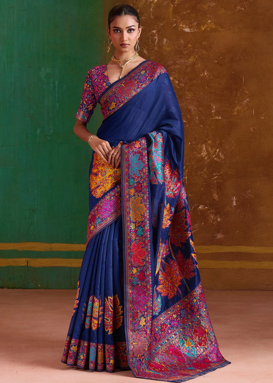 Royal Blue Pashmina Silk Kashmiri Saree online with Intricate Handloom Patterns - Perfect for Weddings and Festivals.