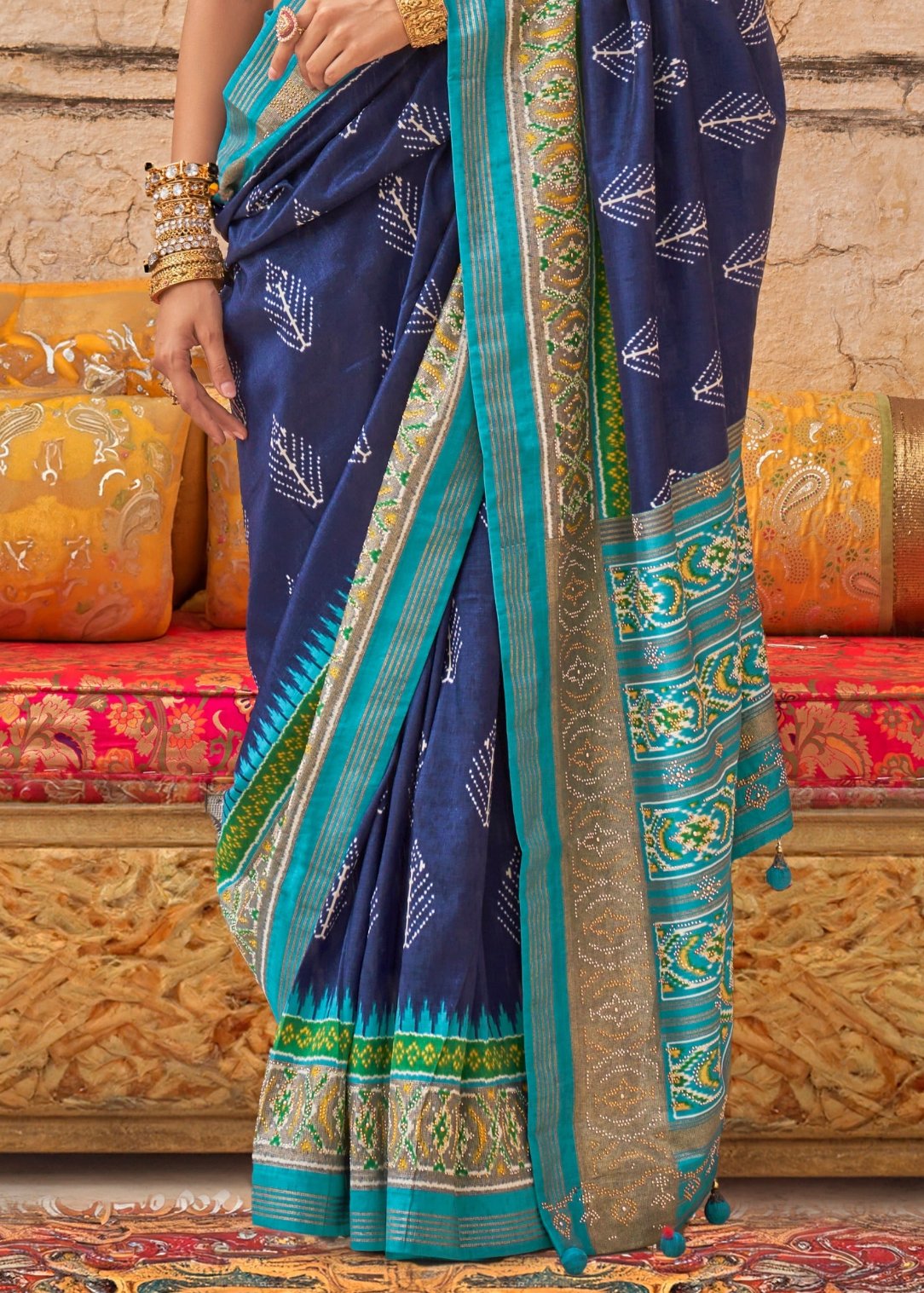 Shop royal blue patola silk saree designs online at best price with fall pico.