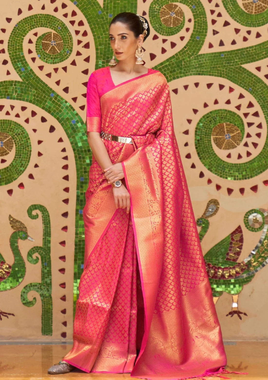 Royal kanjivaram silk ruby pink bridal saree online shopping india.