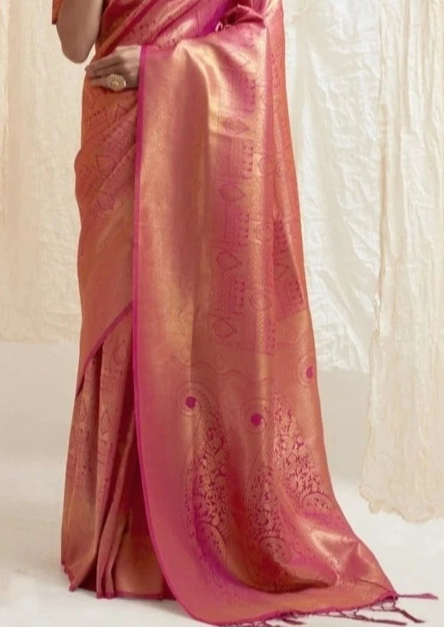 Royal look kanjeevaram silk handloom saree blouse online designs india in pink color.