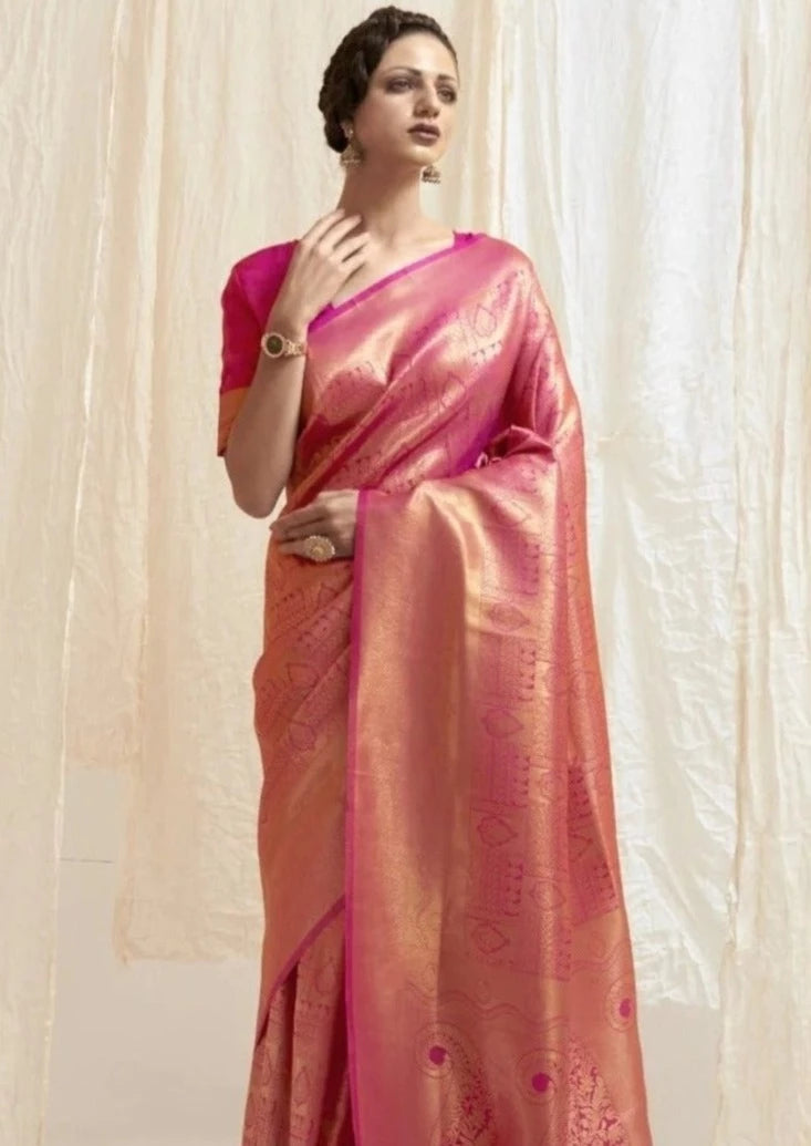 Royal look kanjeevaram silk handloom saree blouse online designs in pink color for wedding.