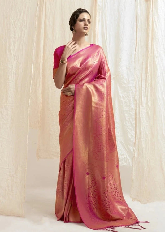 Royal look kanjeevaram silk handloom saree blouse designs online in pink color.