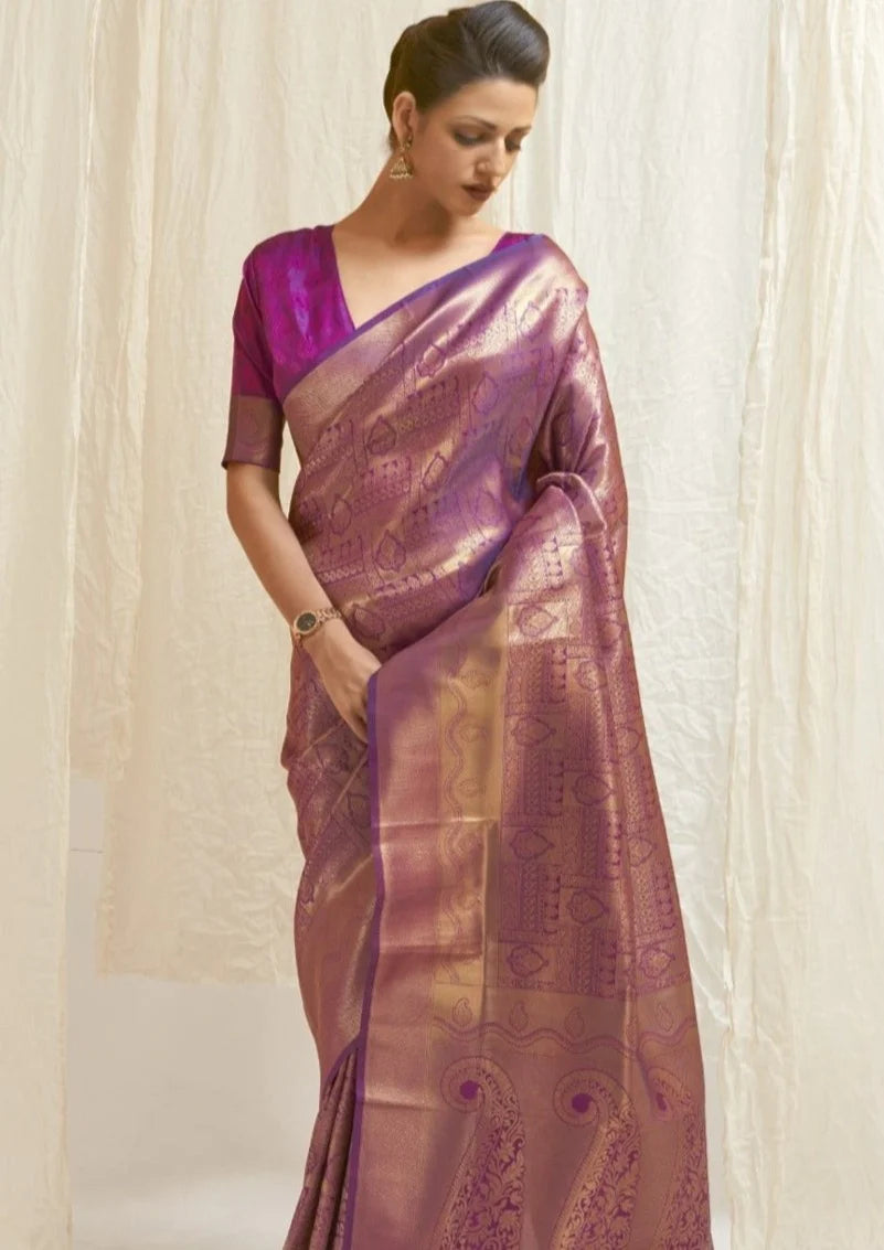 Royal look magenta pink kanjivaram silk saree online price.