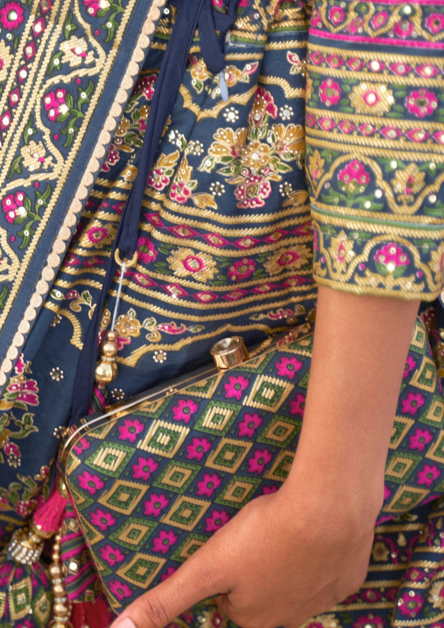 Hand work on navy blue designer silk bridal lehenga.