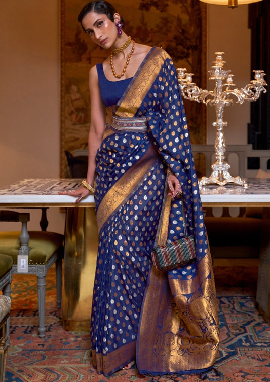 Royal navy blue khaddi georgette banarasi saree blouse online price.