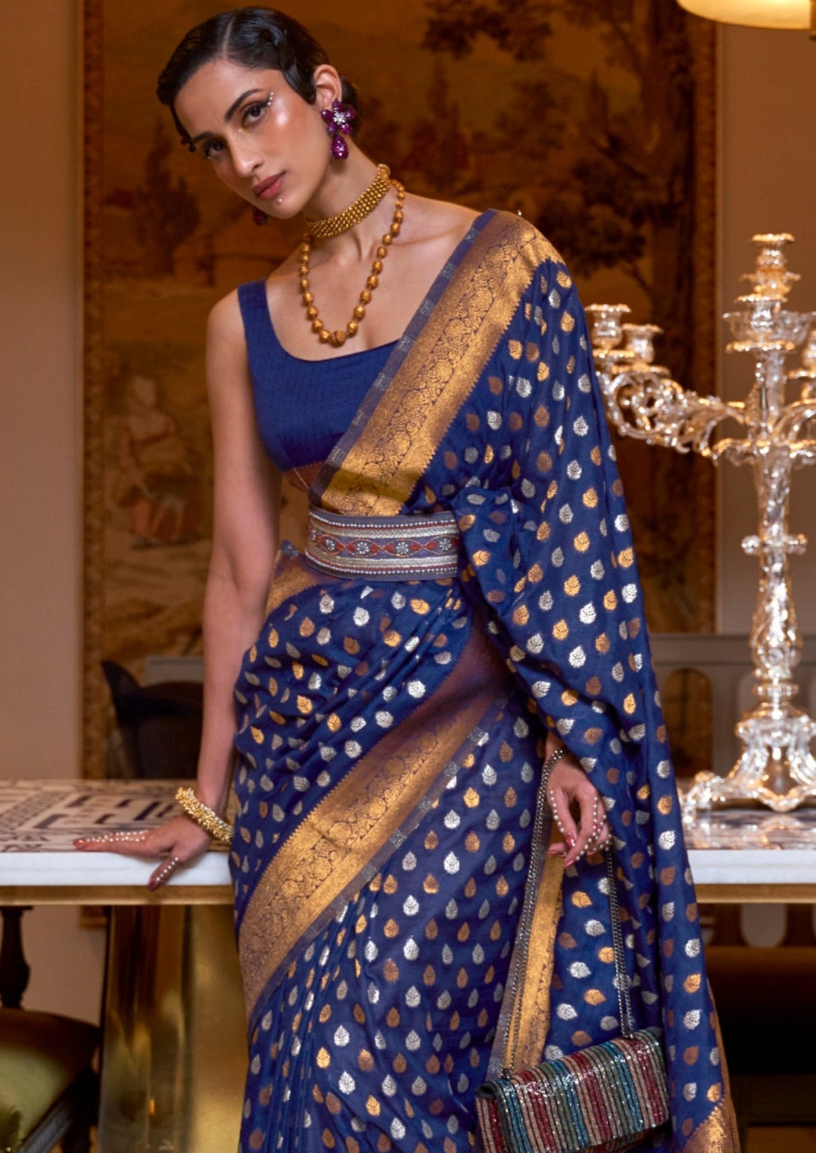 Navy blue khaddi georgette banarasi zari work saree blouse online india usa.