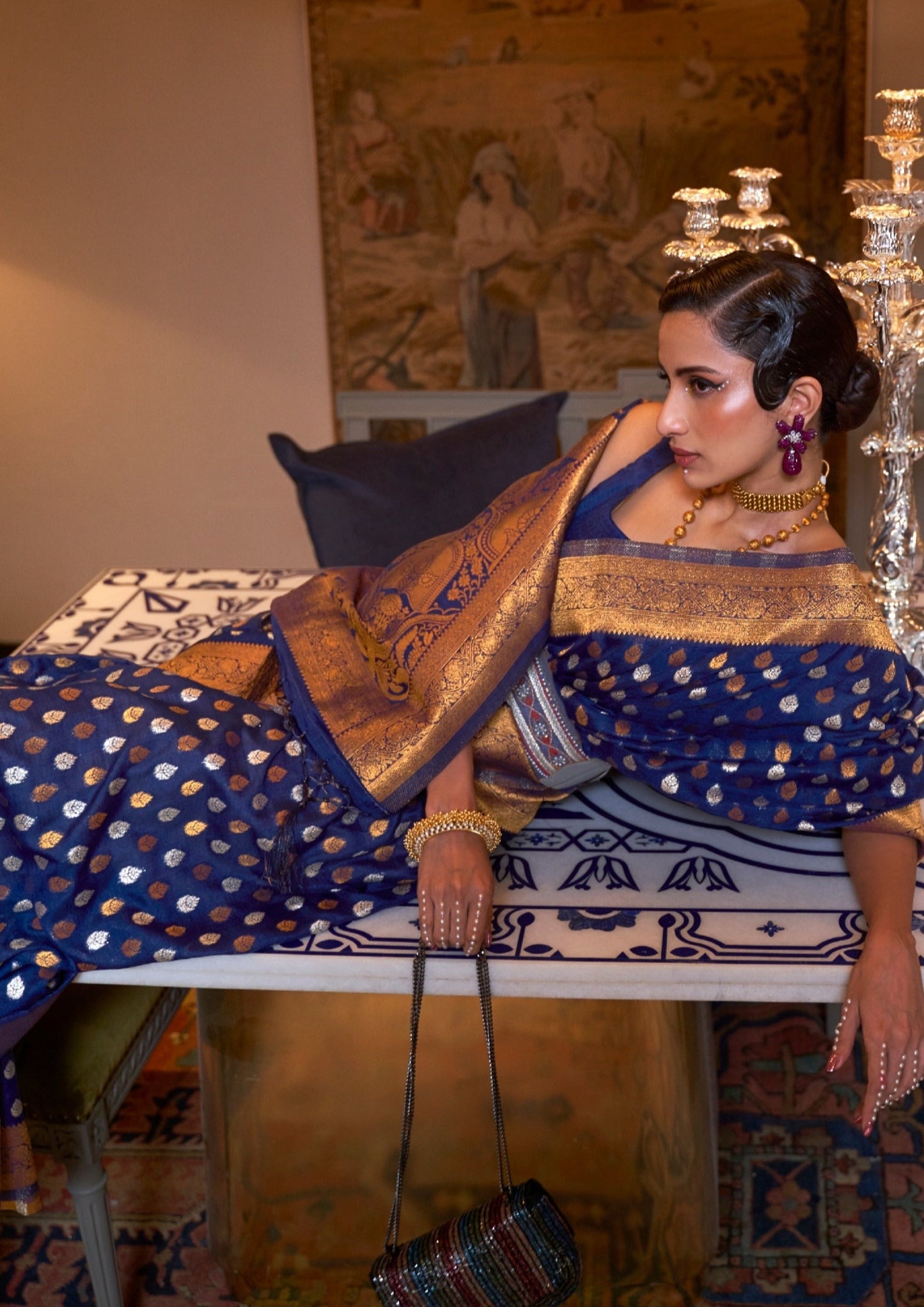 Bride in royal navy blue khaddi georgette banarasi saree blouse online price.