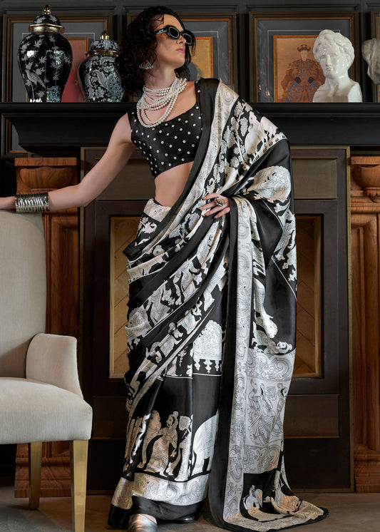 Pure satin crepe black and white kalamkari saree online with intricate hand-painted designs.