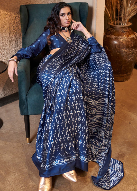 Pure Satin Crepe Indigo Blue Printed Saree