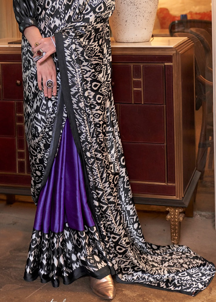 Pure Satin Crepe Purple and Black Printed Saree