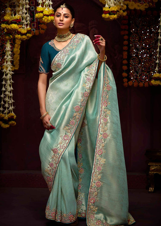 Banarasi Silk Sea Green Handwork Bridal Saree