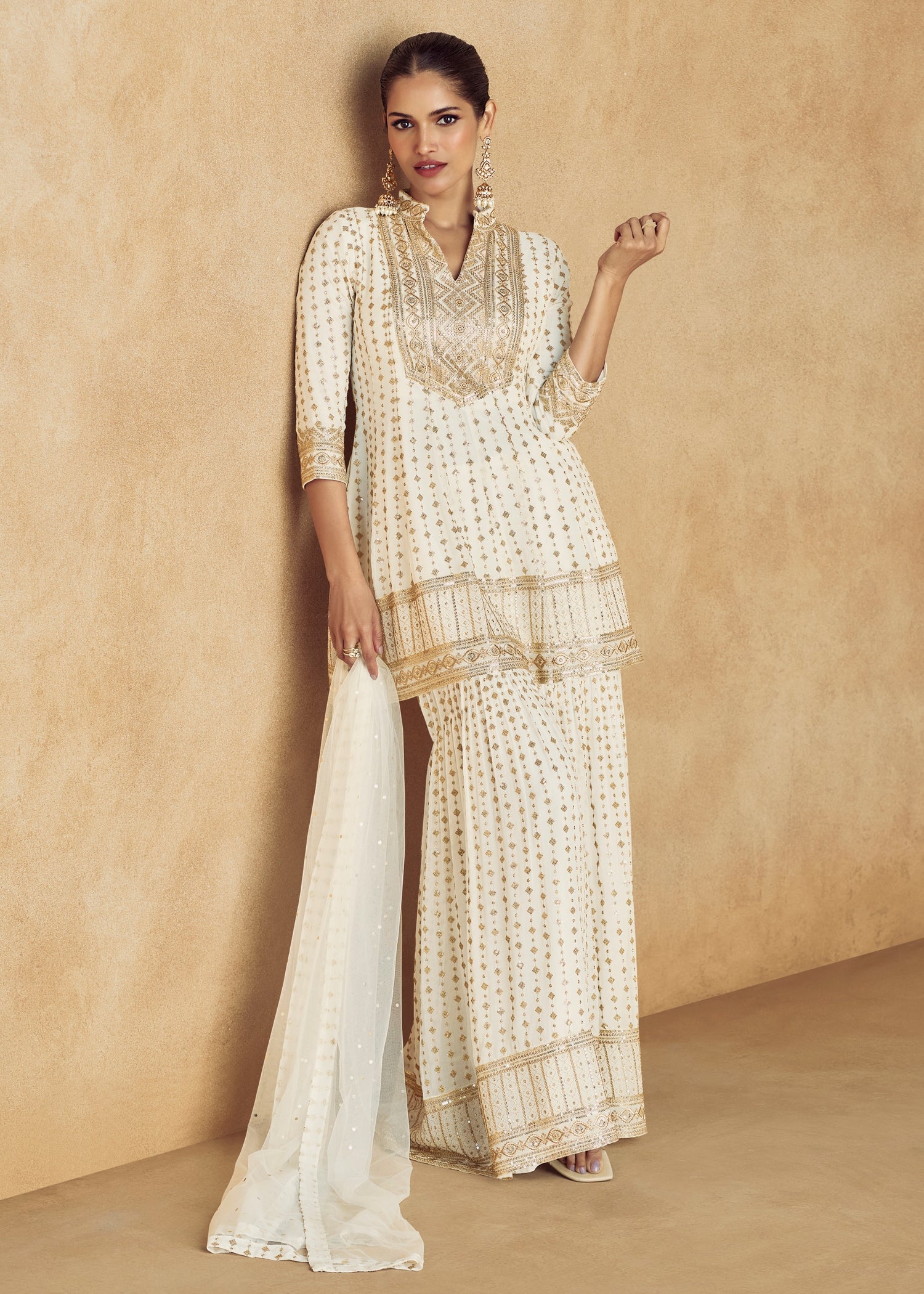 Sharara suit set online usa in white color for indian wedding look.