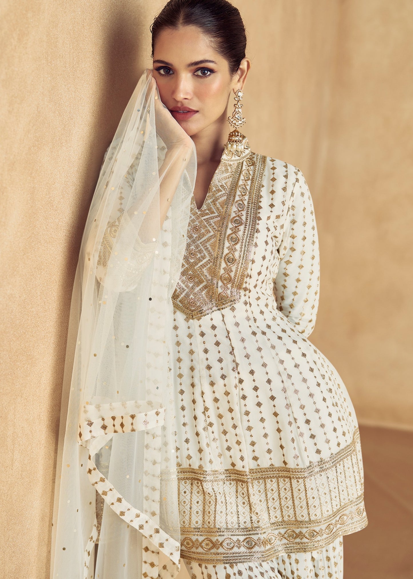 Sharara suit sets online usa in off white color for Indian wedding function.