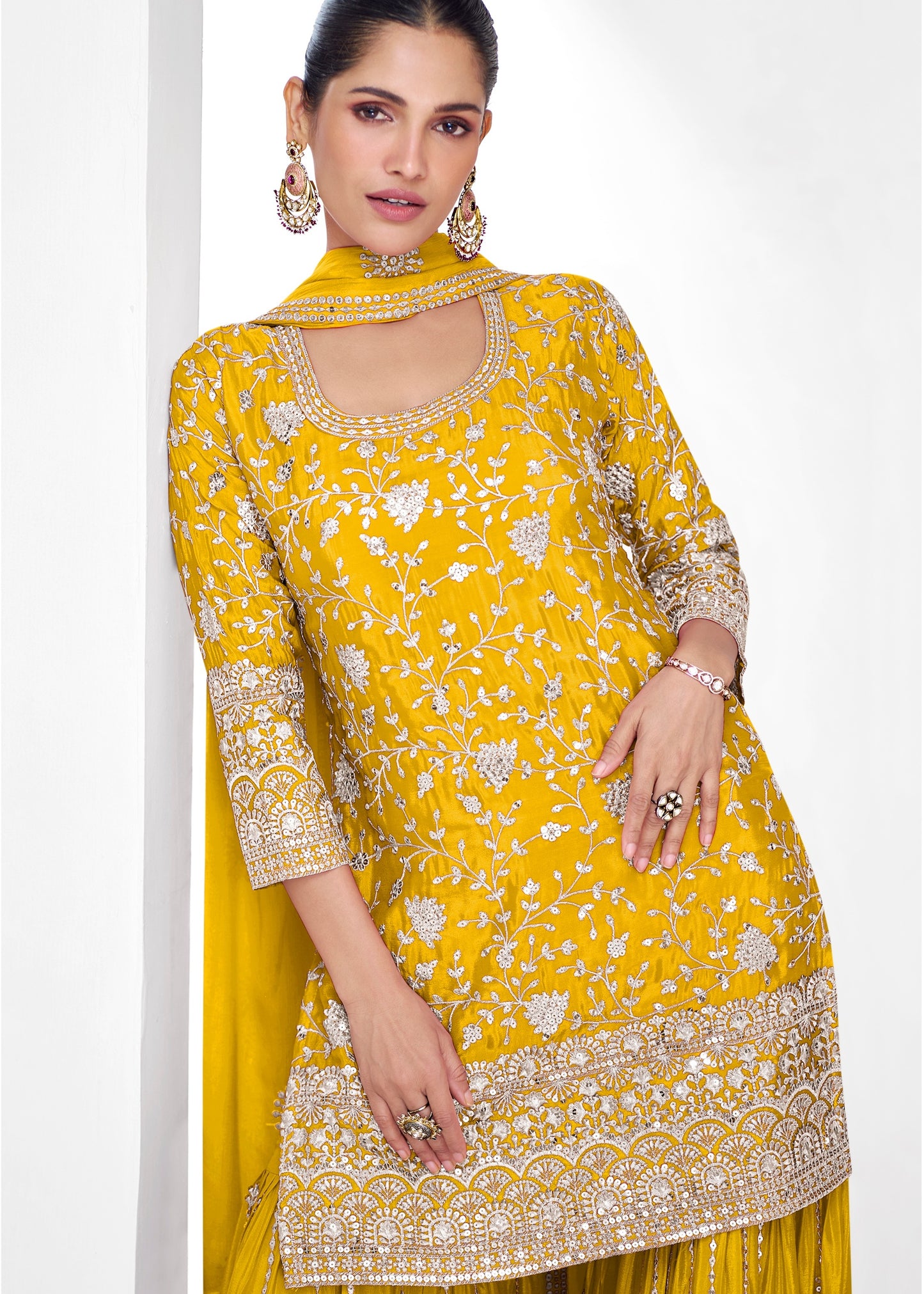 Yellow sharara suit in usa online for haldi ceremony look for women.