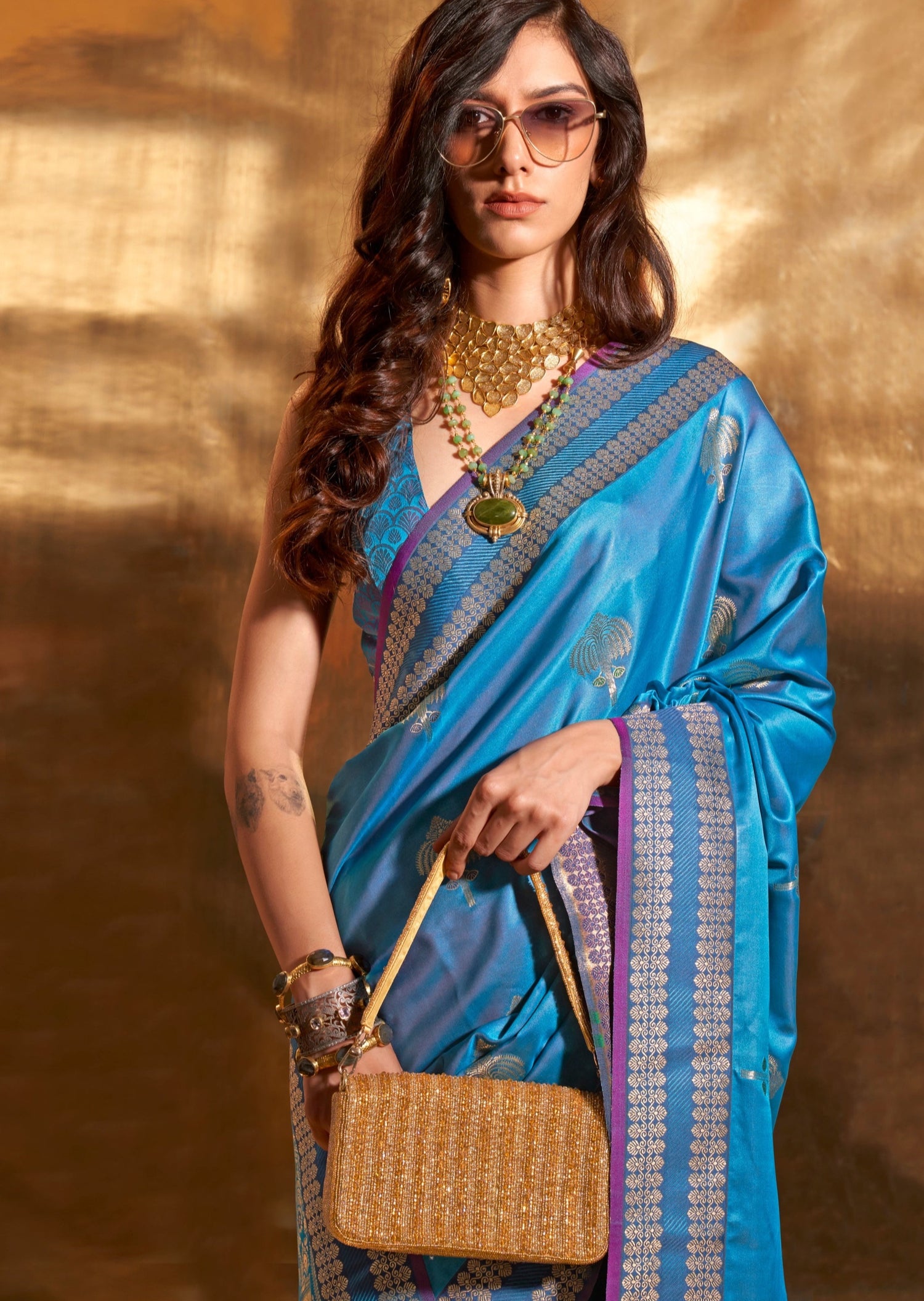 Shop banarasi handloom satin silk blue saree online designs usa uk uae with matching blouse.