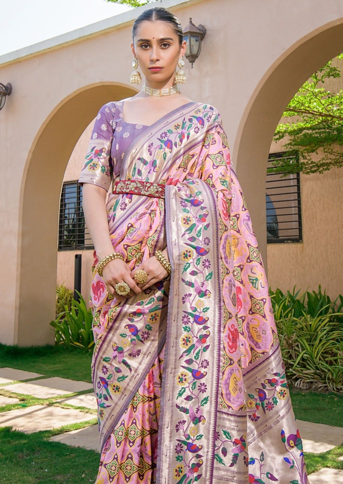 Shop original banarasi patola handloom silk pink saree online with price price in india usa uk with contrast purple blouse.