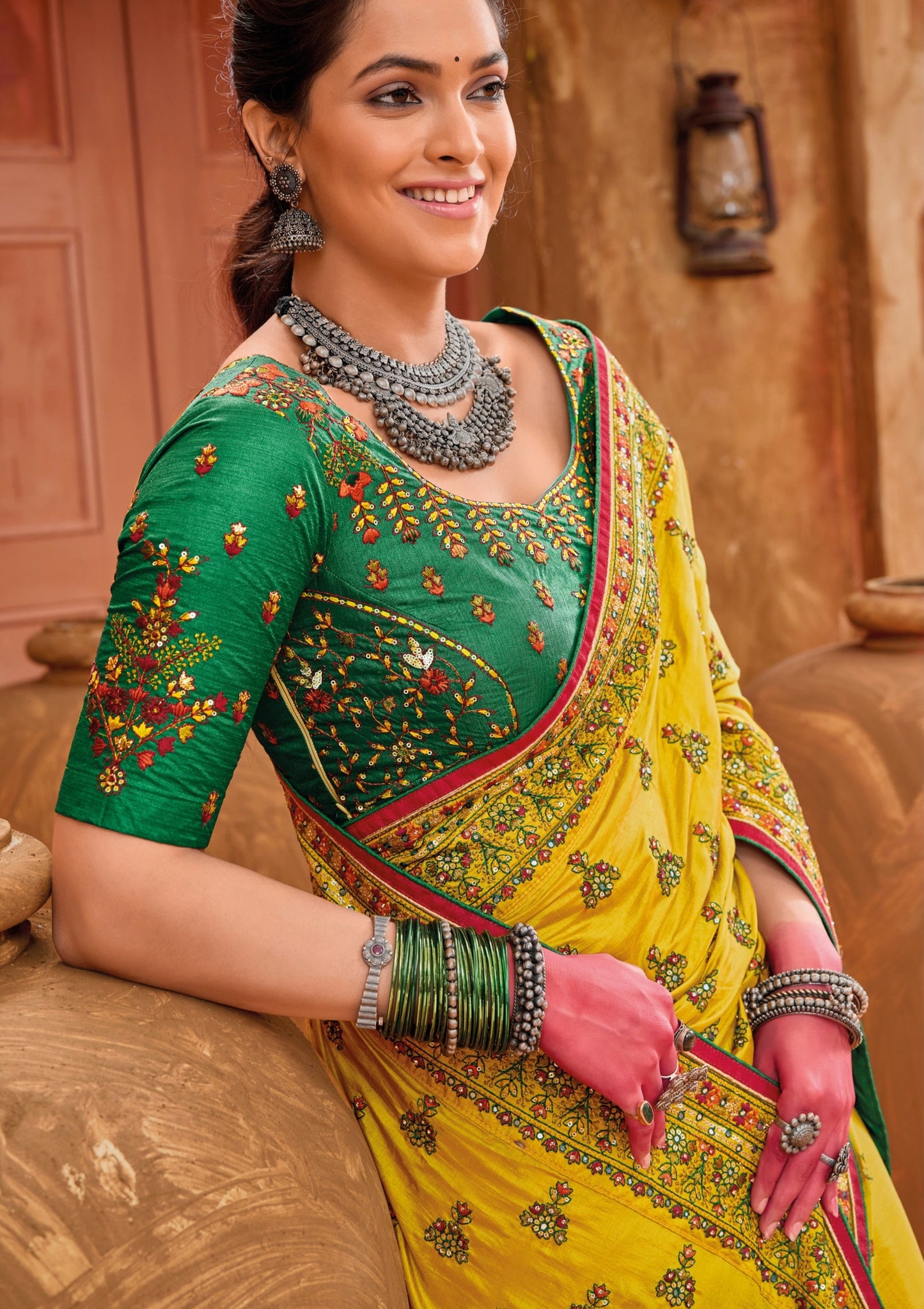 Gujarati kutch embroidery work silk yellow sarees blouse online price india usa uk.