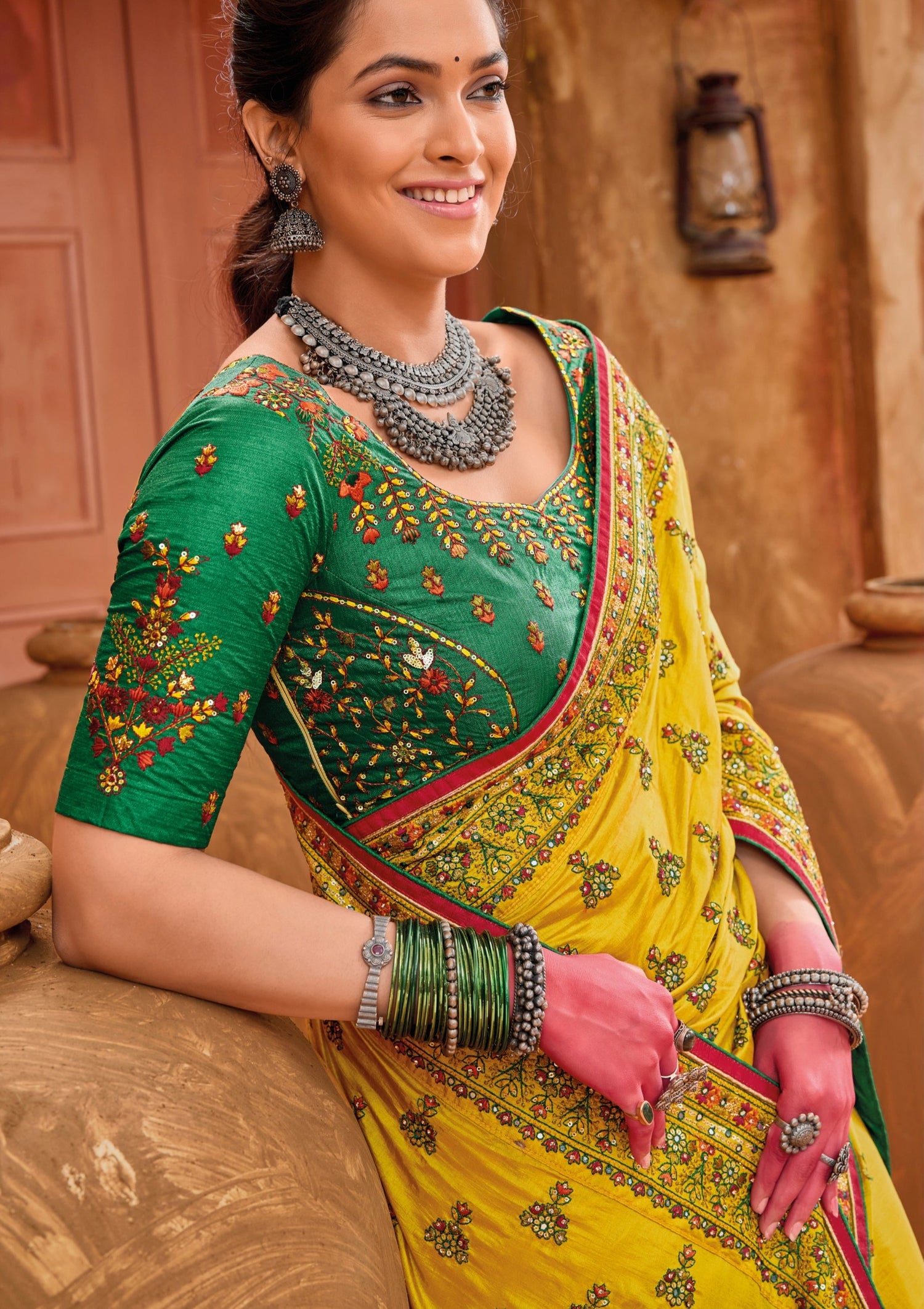Gujarati kutch embroidery work silk yellow sarees blouse online price india usa uk.