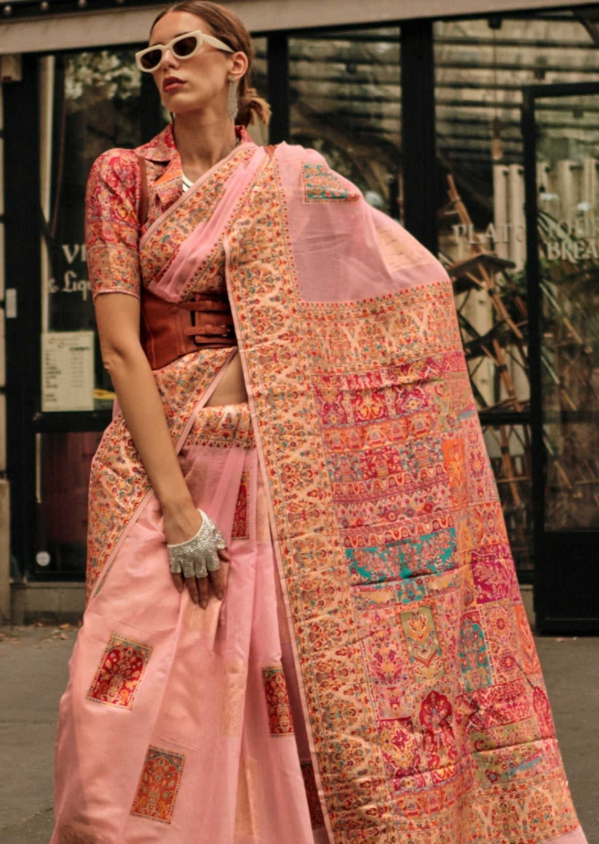 Shop handloom kashmiri silk embroidered peach saree usa uk uae.