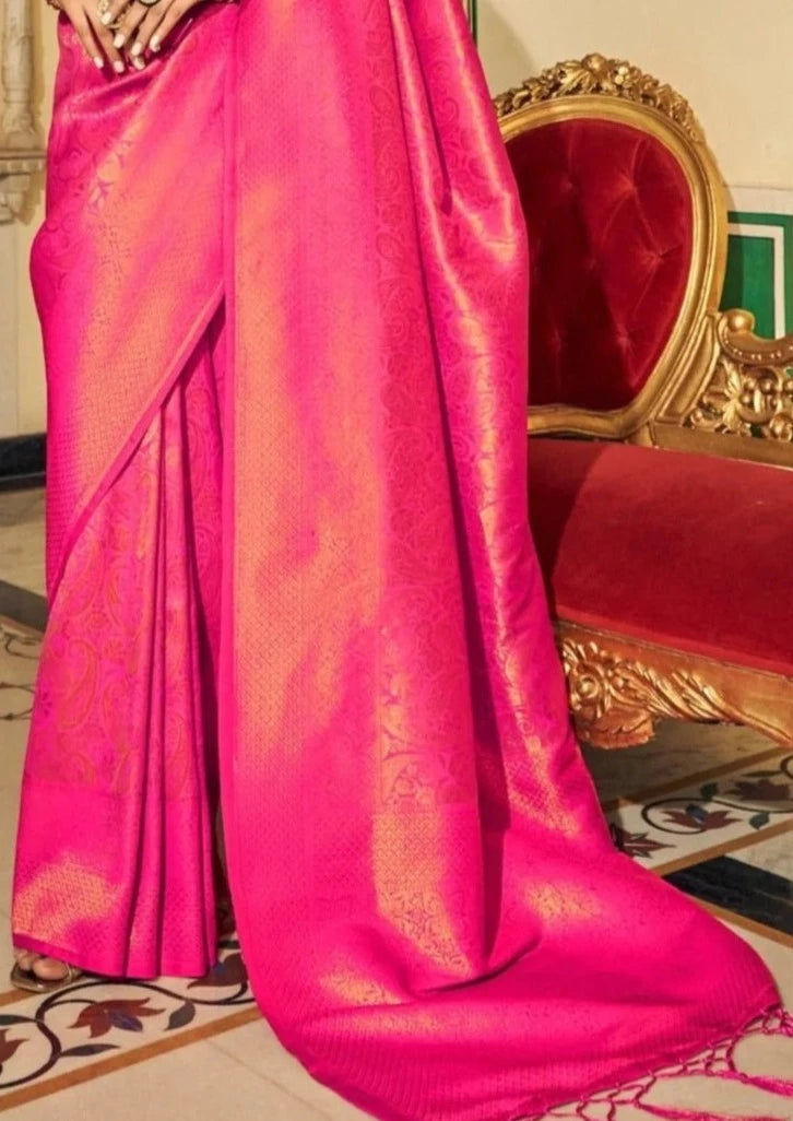 Shop handloom silk hot pink kanjeevaram bridal saree online shopping for bride india.