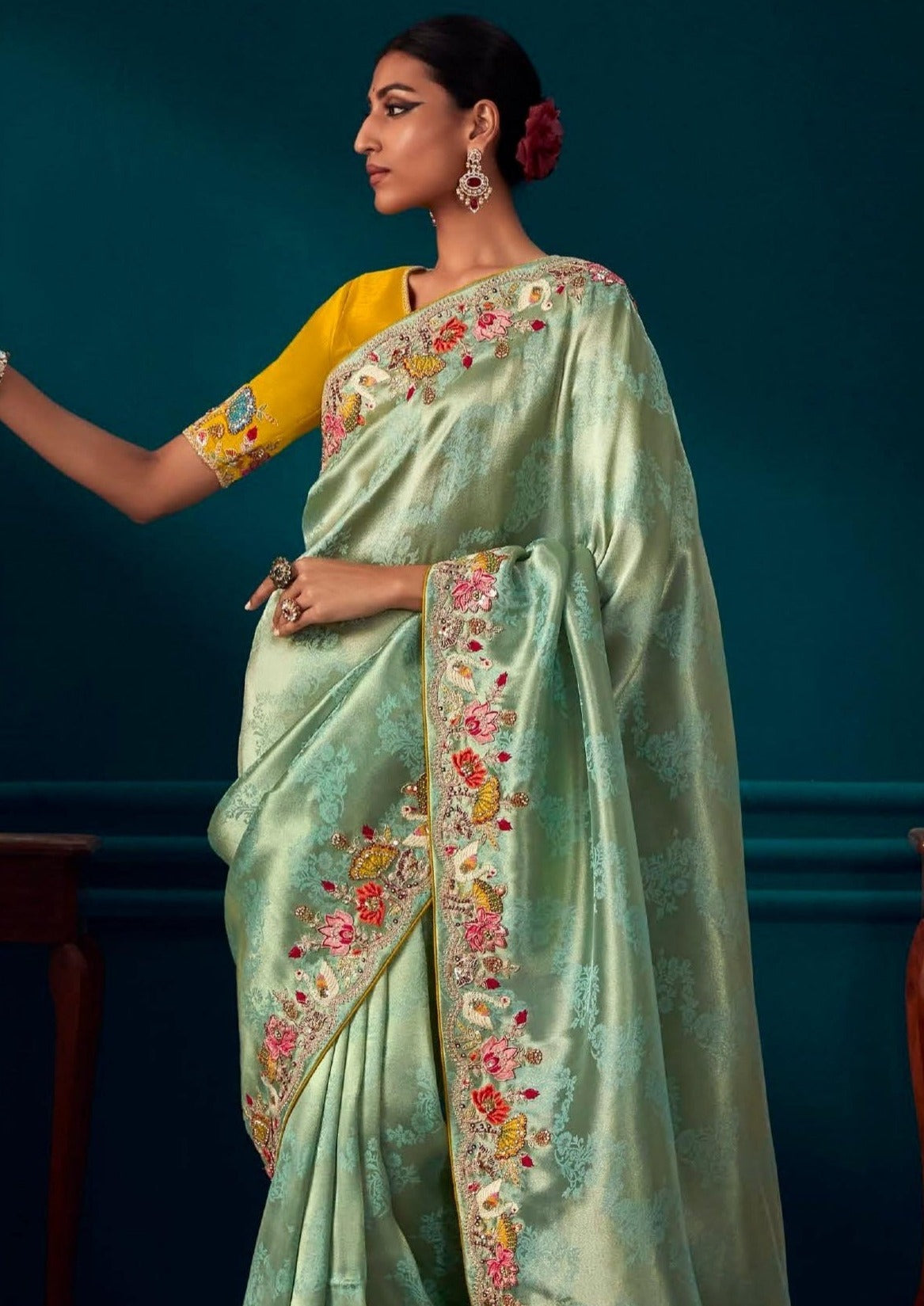 Shop handwork embroidery banarasi silk dual tone blue golden bridal saree online.
