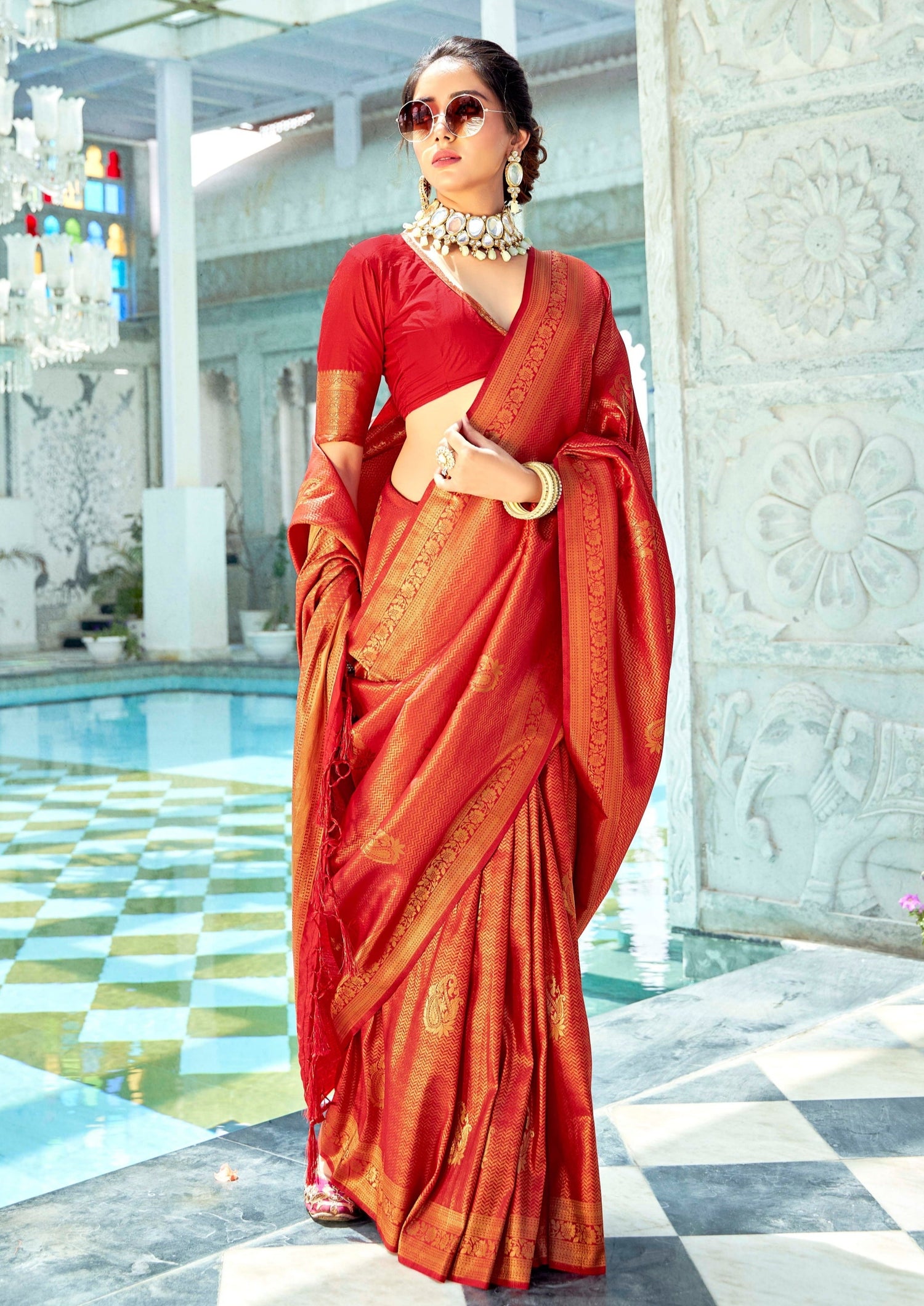 Shop pure kanjivaram silk red handloom bridal saree online shopping with price usa.