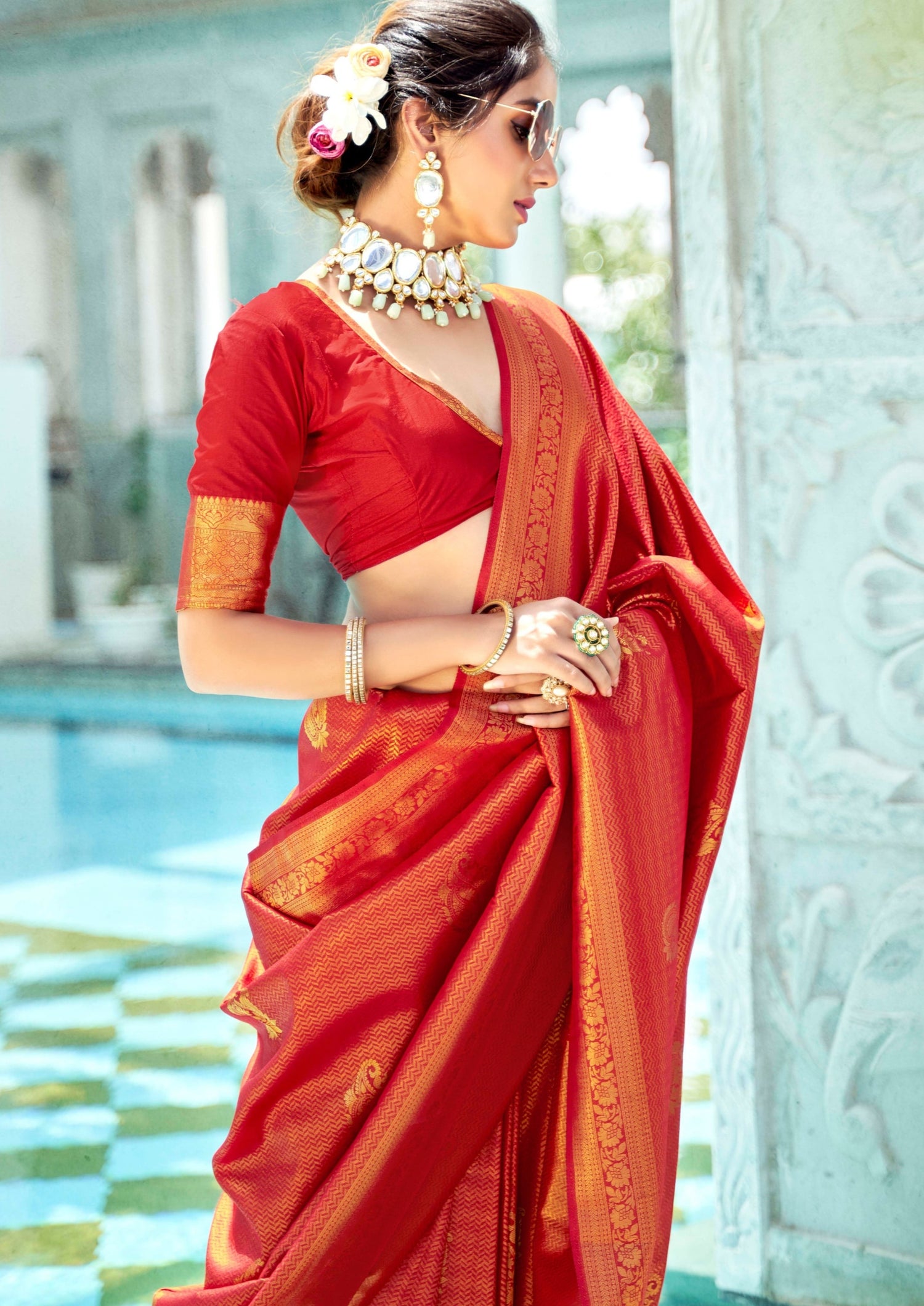 Traditional Gold and Red Bridal Saree