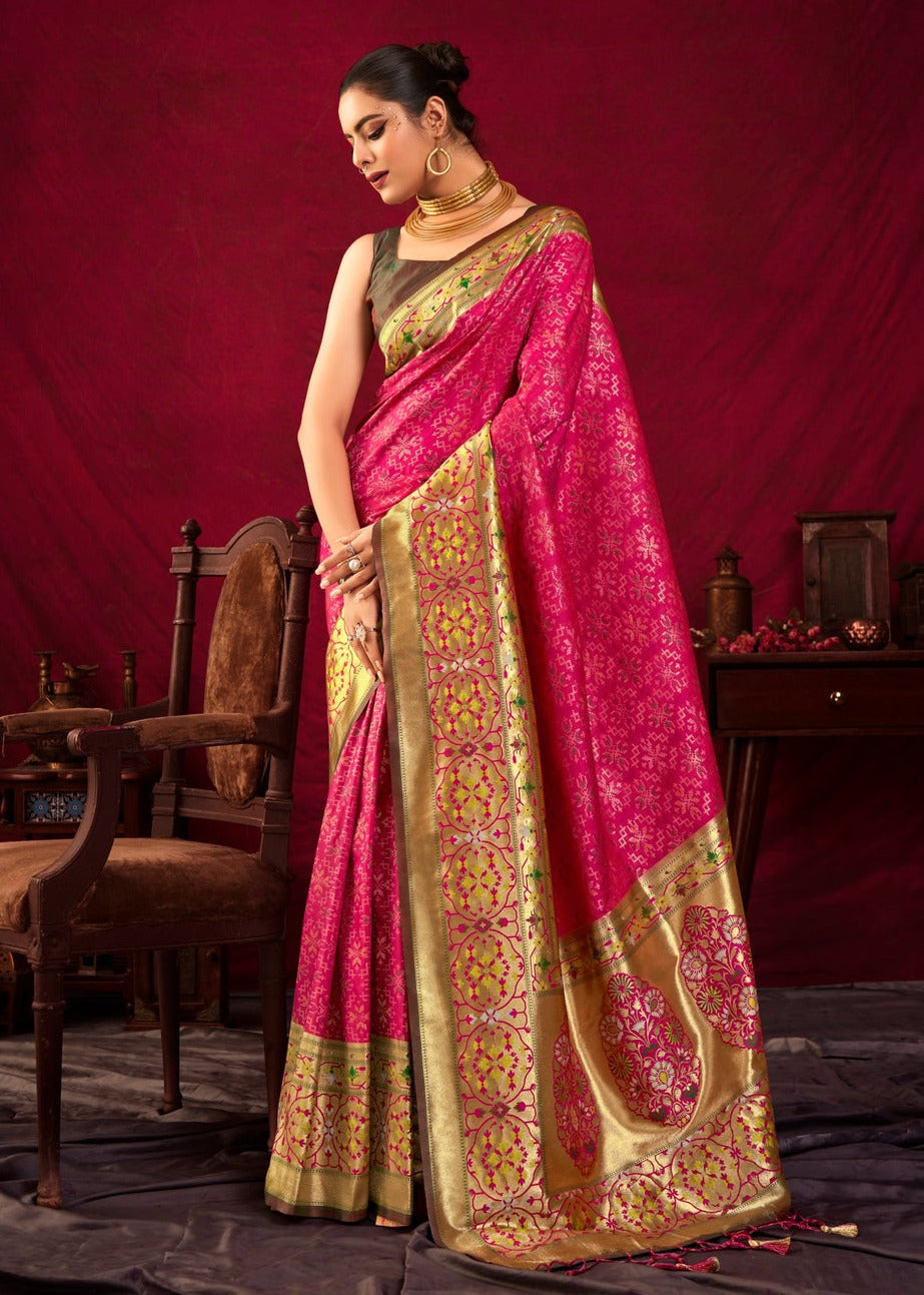 Pink paithani patola handloom silk bridal saree in india usa online for bride.