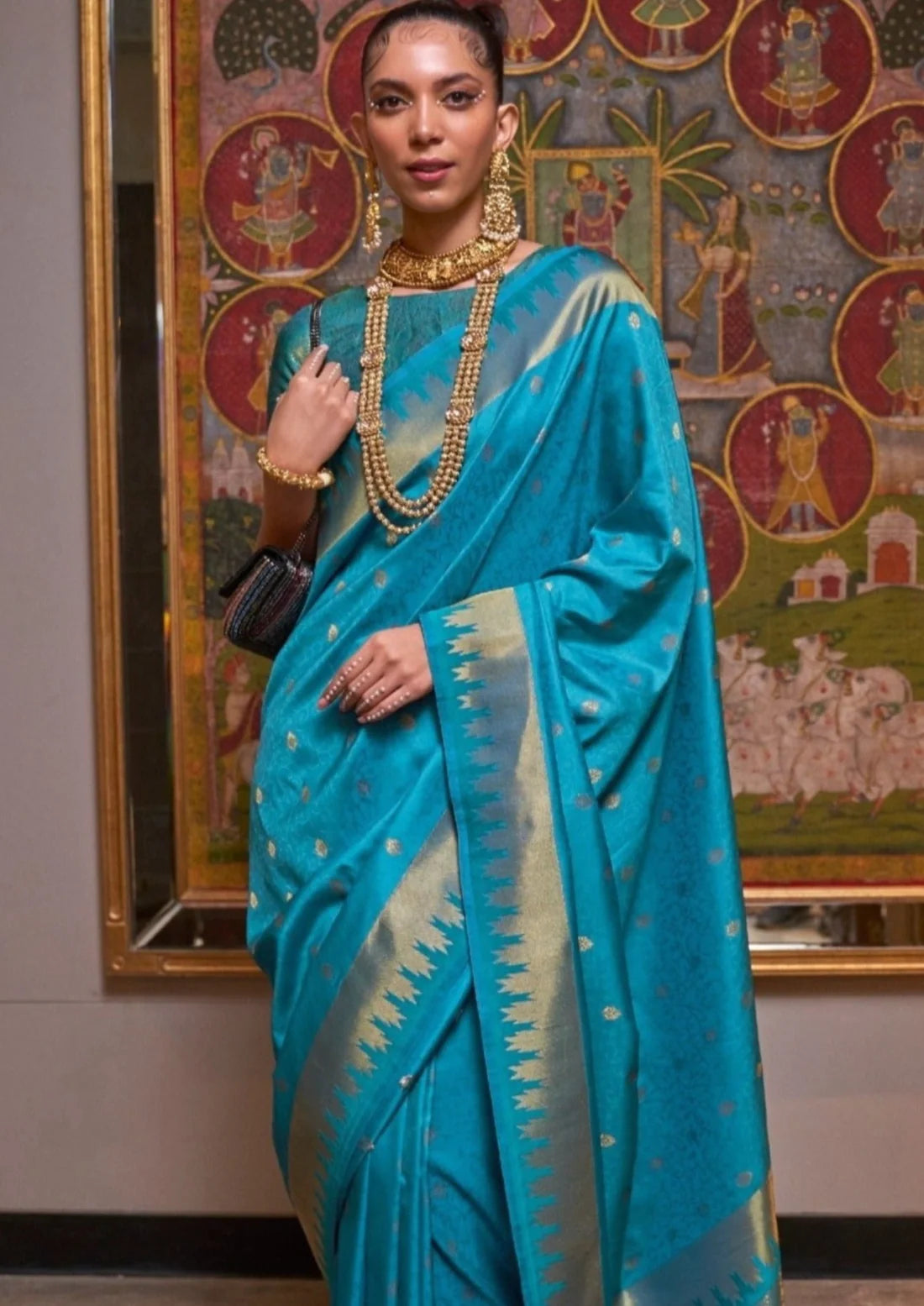 Shop pure banarasi handloom silk sarees online for wedding india turquoise blue.