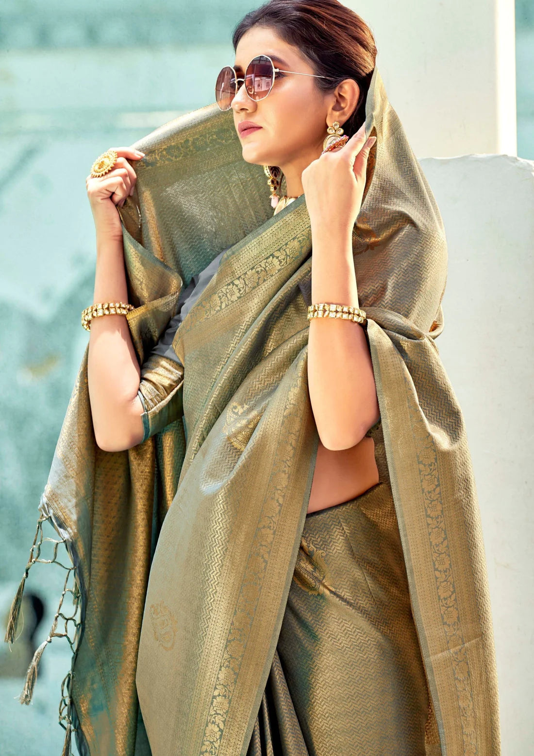 Shop pure kanjivaram handloom silk grey bridal saree online price for wedding india.