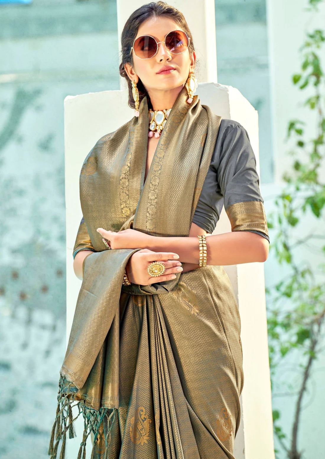 Shop pure kanjivaram handloom silk grey bridal saree online usa uk uae price wedding collection.