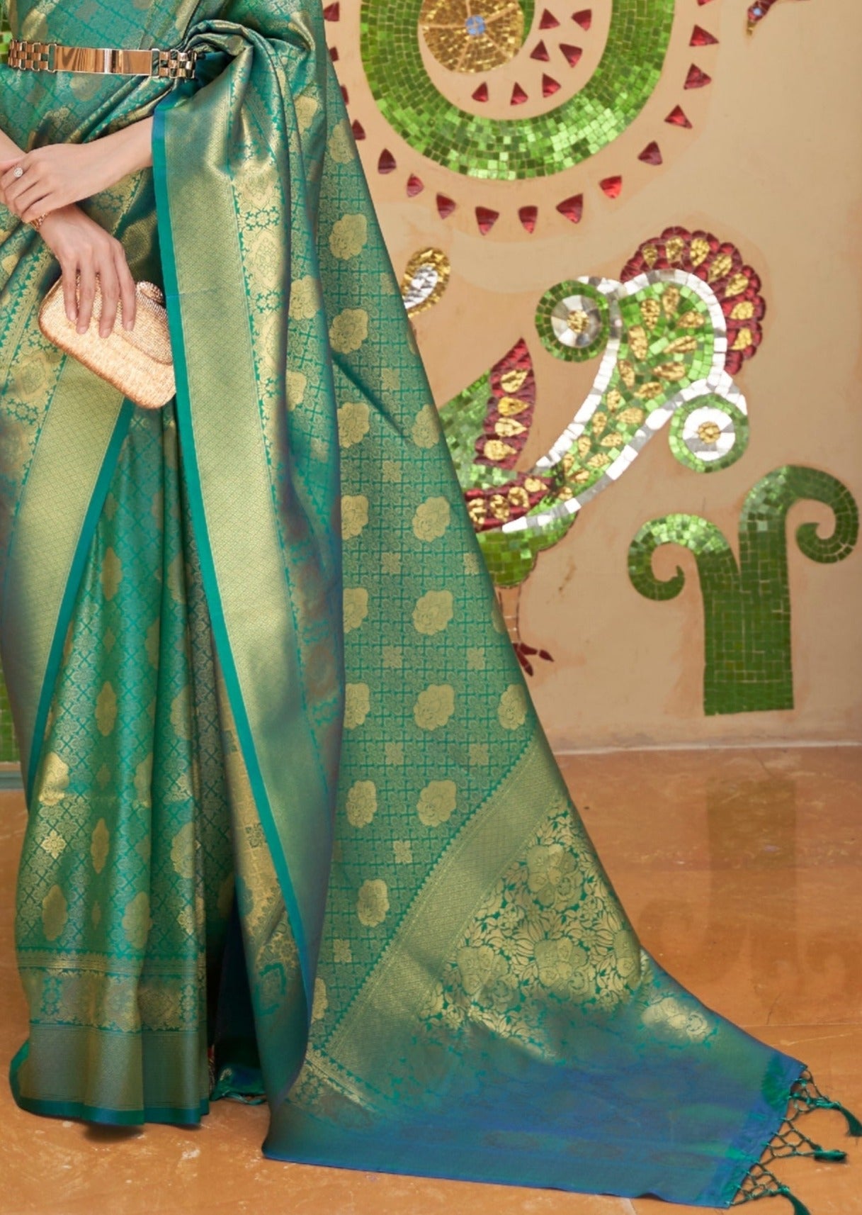 Shop royal green kanjivaram silk bridal saree online with price india.