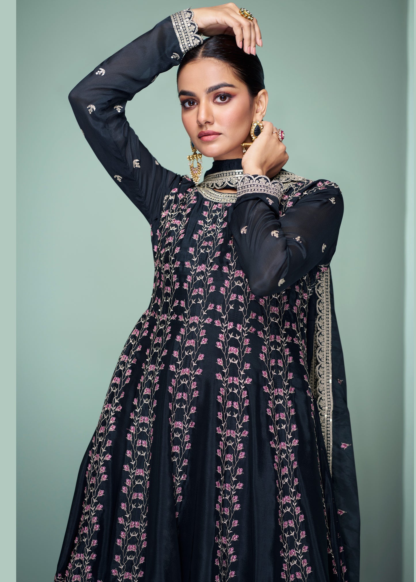 Pure silk black anarkali sharara suit sa online shopping with price at fast delivery.