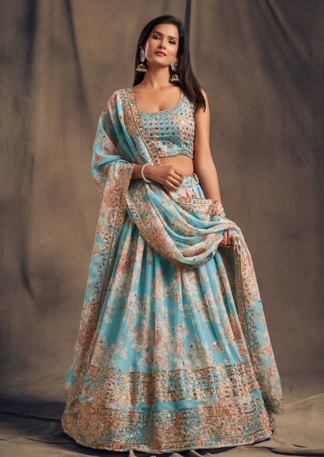 Sky blue organza lehenga choli online with dupatta for bridesmaids india uk.