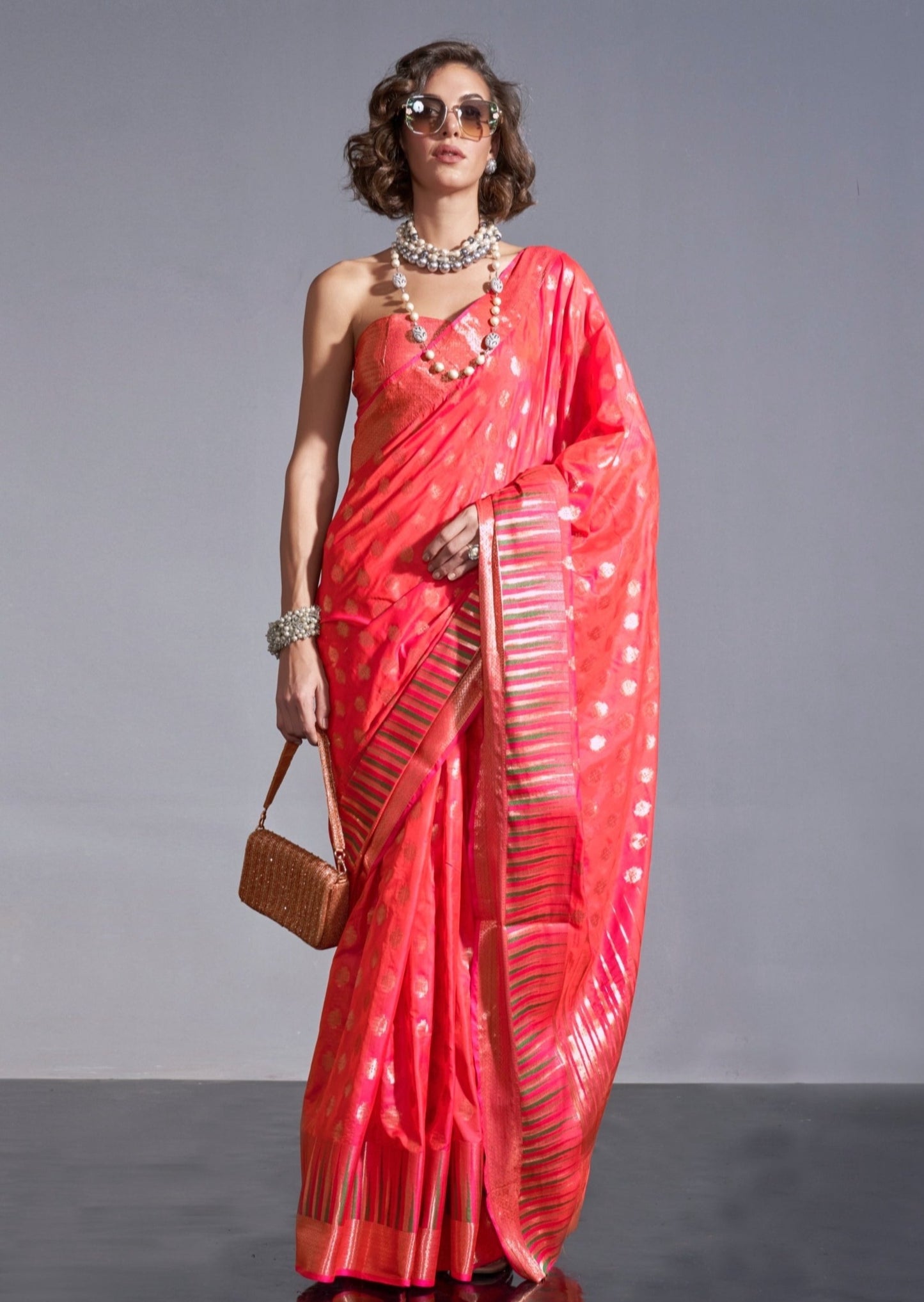 Soft banarasi handloom red orange saree online shopping.