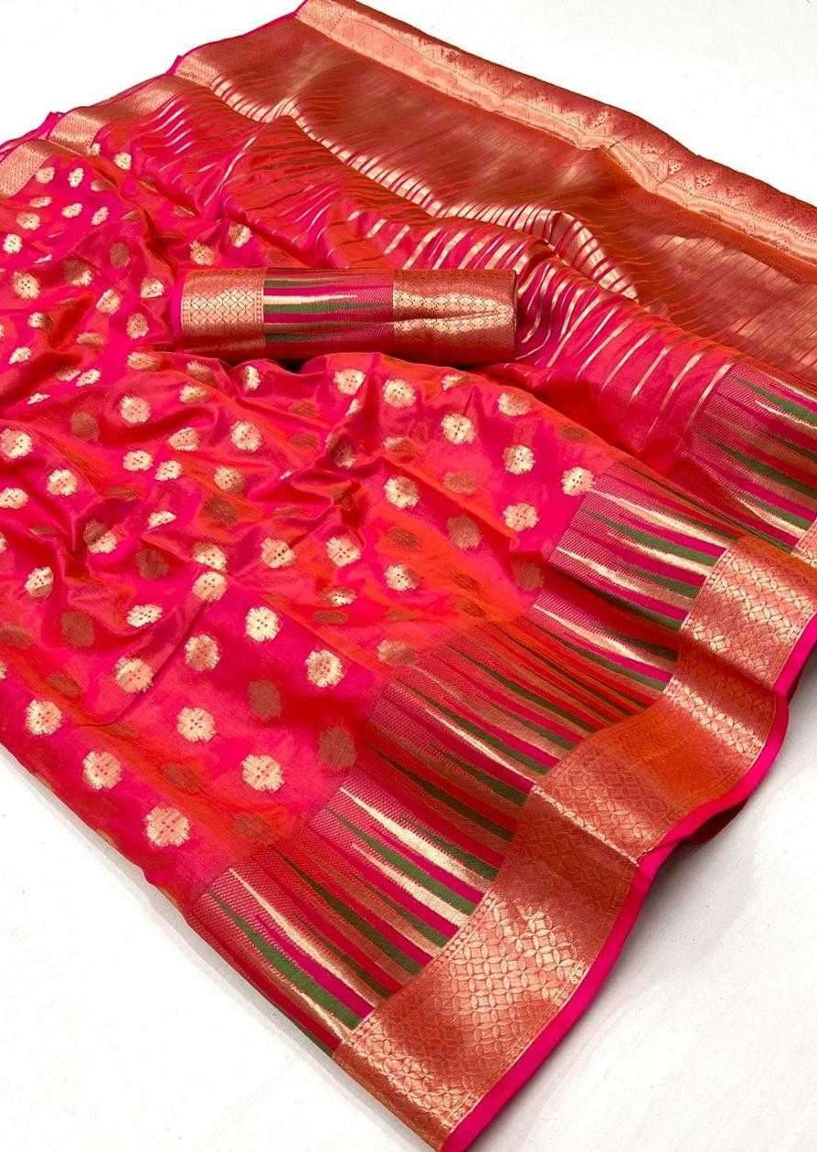 Soft banarasi handloom silk red orange bridal saree.