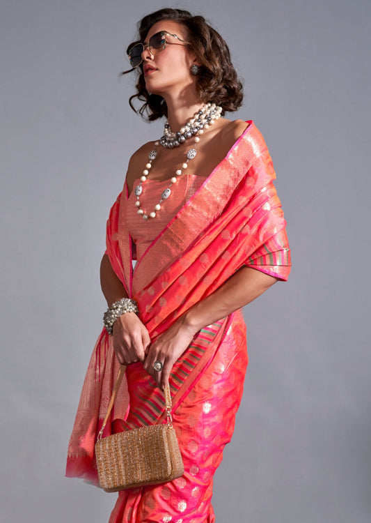 Soft banarasi handloom silk red orange saree online.