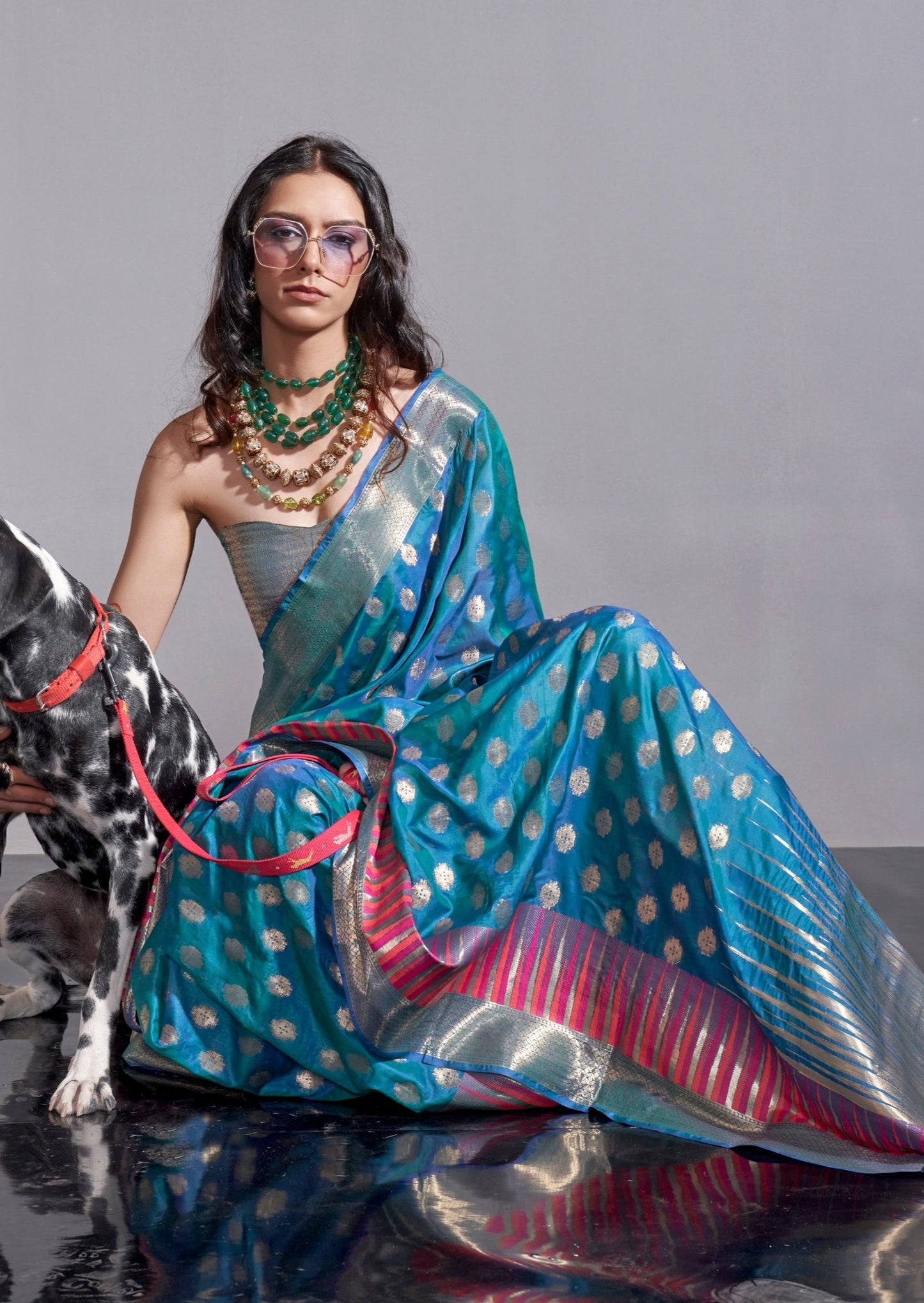 Soft banarasi silk blue handloom bridal saree online.
