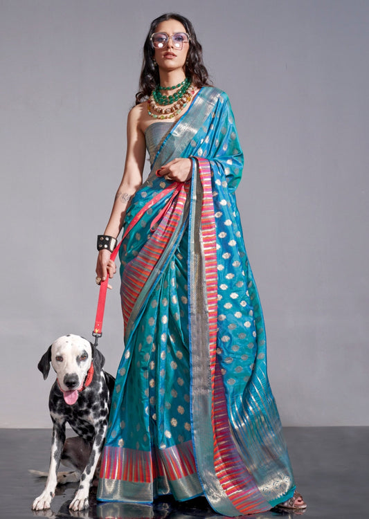 Soft banarasi silk blue handloom saree online for wedding.