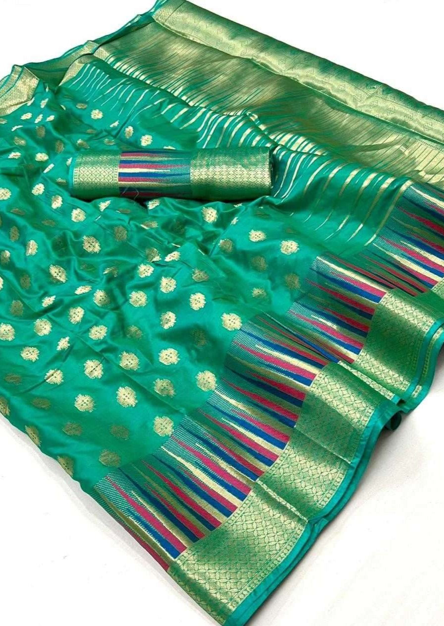 Soft banarasi silk emerald green handloom saree online shopping.