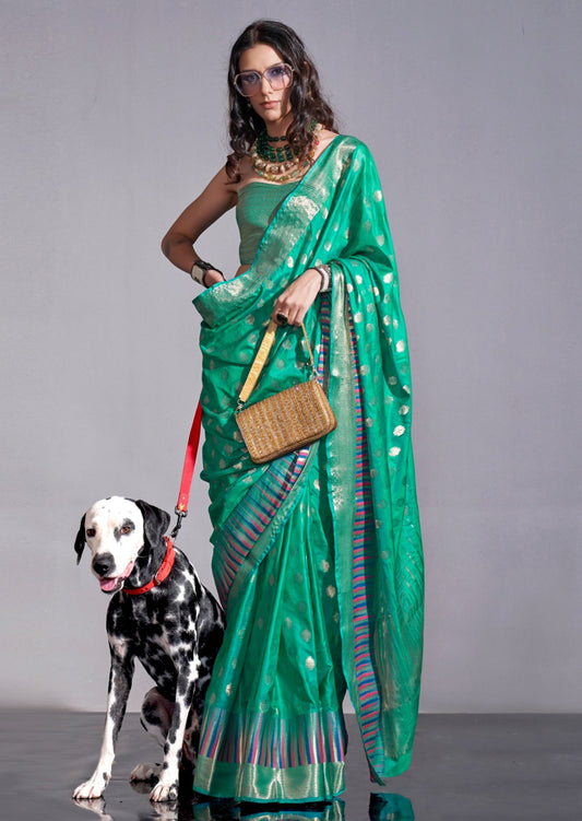 Soft banarasi silk green handloom saree online.