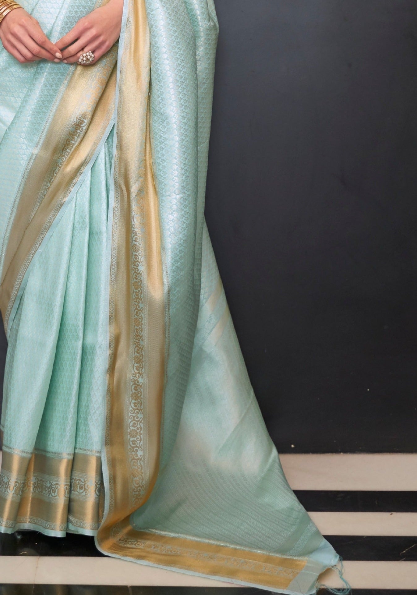 Soft Banarasi Silk Pastel Blue Handloom Saree Pallu Design