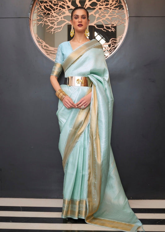 woman in Soft Banarasi Silk Pastel Blue Handloom Saree
