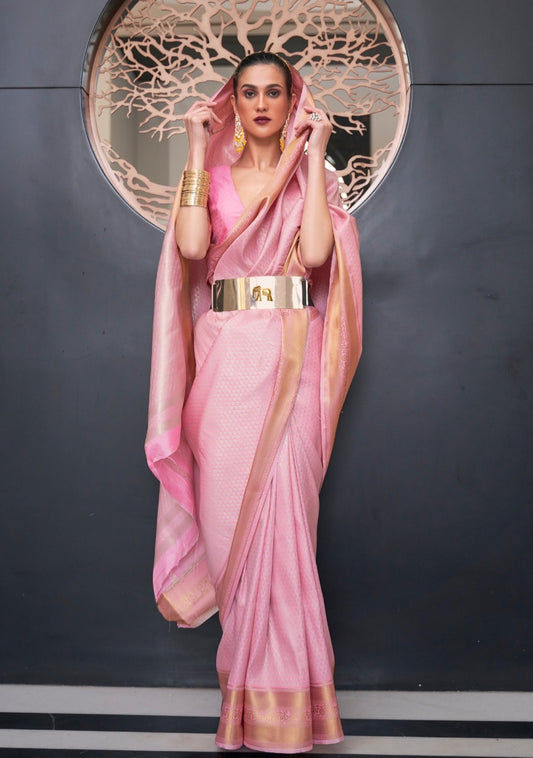 woman in Soft Banarasi Silk Pastel Pink Handloom Saree